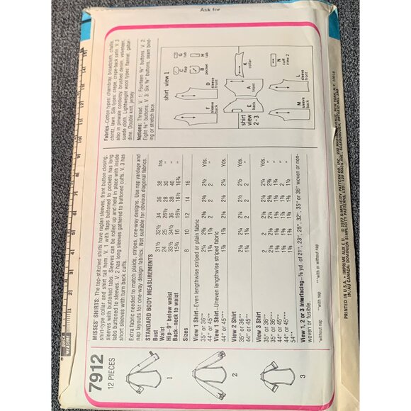Simplicity Misses Shirt Sewing Pattern sz 14 7912 - uncut - Picture 3 of 3